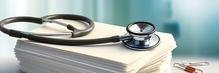 a stethoscope placed on a medical files paper, medical documents, writing prescription for patient. 