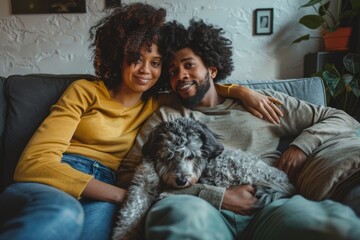 Wall Mural - Portrait of a content mixed race couple in their 30s relaxing with their dog on the sofa