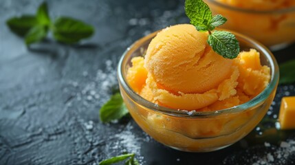 Wall Mural - dessert recipes, enjoy a cool mango sorbet topped with fresh mint leaves- a perfect fruity delight to beat the summer heat