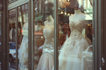 Wall Mural - Beautiful white bridal dresses in store window