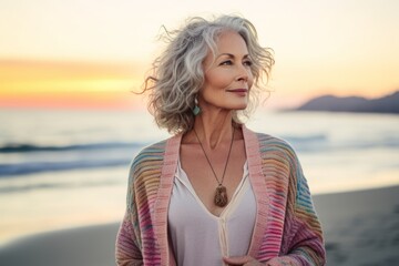 Canvas Print - Portrait of a tender woman in her 60s wearing a chic cardigan while standing against beautiful beach sunset