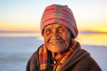 Sticker - Portrait of a grinning indian woman in her 80s dressed in a warm ski hat in beautiful beach sunset