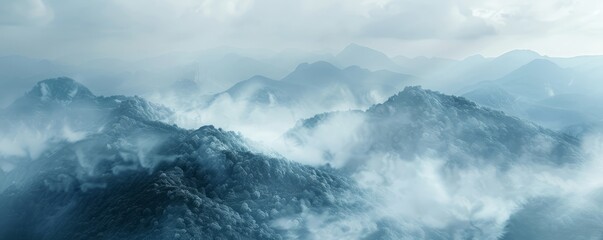 Wall Mural - Foggy Mist Over Mountain Texture Background, 4K hyperrealistic photo