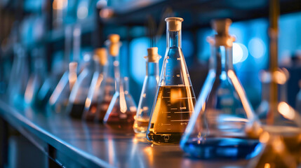 Industrial chemical research laboratory: glass bottles with liquids, equipment for experiments, hazardous materials, toxic and flammable substances, biotechnology, chemical reactions, analysis science