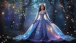 © Artistry Hub - woman in a sparkling blue gown stands in a dark forest with glowing mushrooms and fairy lights.