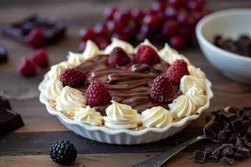 Wall Mural - Chocolate tart with whipped cream and raspberries on wooden table, surrounded by ingredients