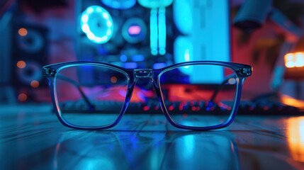 Poster - Blue light glasses rest on a desk in front of a computer monitor, reflecting the blue light from the screen. Generative AI