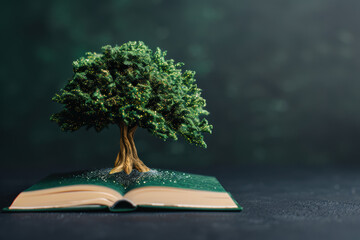 Wall Mural - a miniature tree growing from the pages of an open book symbolizing knowledge, growth, and nature on