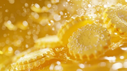 A closeup view of homemade lemon cookies with sugar sprinkles, illuminated in warm golden light and colorful splashes