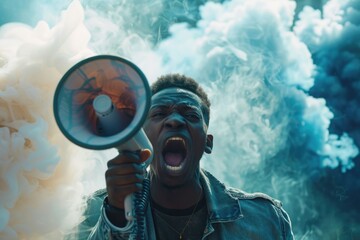 Canvas Print - Man with megaphone amidst smoke