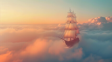 Wall Mural - Vintage sailing ship soaring gracefully above a cloud filled sea its sails billowing in the gentle wind against a serene pastel hued dawn sky  The magical dreamlike scene is illuminated by soft