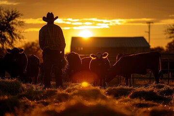 Wall Mural - Silhouettes of a Cowboy and Cattle at Sunset