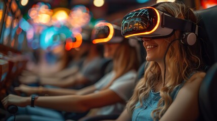 A family smiles while wearing VR headsets in a brightly lit arcade.