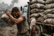 © Milos - A man is lifting a heavy sack and placing it near a truck loaded with numerous bags in an industrial area, with black smoke billowing in the background.