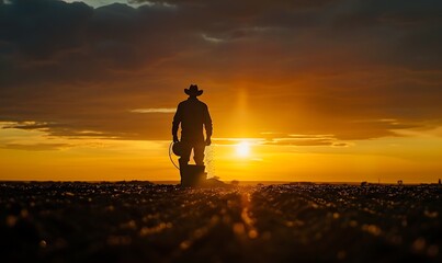 Wall Mural - Silhouetted Farmer at Sunset