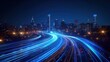 © Wilden - Digital Transformation of a Smart City: Band Lights Over Modern Urban Cityscape at Night with Fast Internet Communication and Fiber Optics Technology