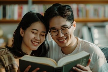 Wall Mural - Portrait of a smiling asian couple in their 20s reading a book together