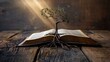 © 69 - Cross with roots growing from an open Bible, symbolizing living faith nurtured by the scriptures, set on a wooden table with light shining through