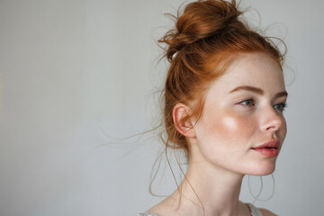 Young redhead woman with freckles and messy topknot bun gazes thoughtfully, natural beauty portrait against neutral background