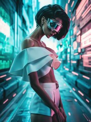 Sticker - A woman in white top and goggles standing on a street, AI