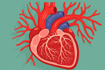 Wall Mural - Illustration of the human heart with detailed anatomical features and vibrant colors showing veins, arteries, and chambers.