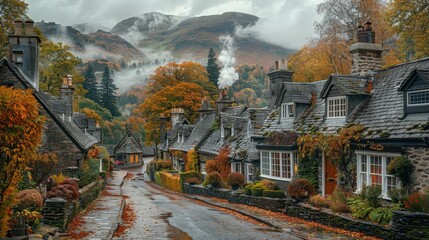 Poster - Charming Autumnal Village Nestled in the Misty Mountains