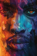 Vivid portrait of a person with a colorful abstract paint overlay, blending vibrant hues of blue, orange, and purple to create a dynamic visual effect.