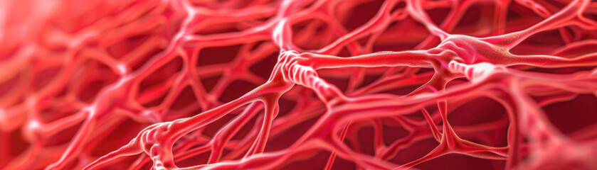 Wall Mural - Close-up of a network of red, interwoven structures resembling biological tissue or microscopic fibers, illuminated by soft light, creating a vibrant texture.