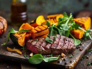 Wall Mural - Healthy lean grilled medium-rare beef steak and vegetables with roasted pumpkin and a leafy green herb salad. 