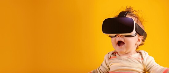 Poster - A baby wearing a virtual reality headset is smiling. Concept of excitement and wonder as the baby experiences the virtual world