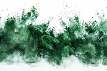 Wall Mural - Abstract green smoke and powder explosion on white background, capturing dynamic motion and spread. Perfect for creative backgrounds or textures.