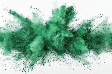 Wall Mural - Vibrant green powder explosion on a white background captures dynamic energy and creativity, perfect for artistic, abstract, and color-themed projects.