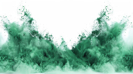 Wall Mural - Dynamic green powder explosion against a white background, creating a vibrant and energetic visual effect with spreading particles and motion.