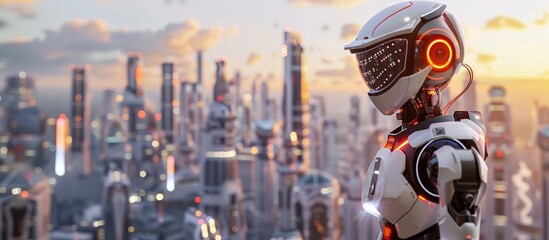 Wall Mural - A robot stands in front of a city skyline at sunset. The robot is wearing a helmet and has a red and orange head. The city is lit up at night, creating a futuristic and otherworldly atmosphere