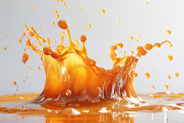 Wall Mural - A vibrant orange liquid splash captured in mid-air against a white background, showcasing the dynamic motion and energy of the fluid.