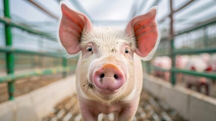 A pig with a pink snout is standing in a pen