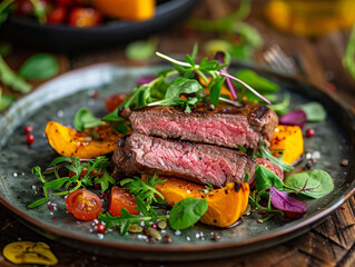 Wall Mural - Healthy lean grilled medium-rare beef steak and vegetables with roasted pumpkin and a leafy green herb salad. 