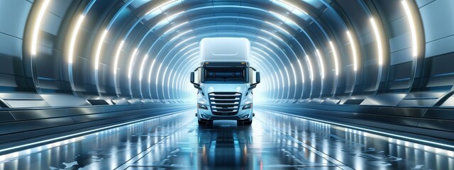 A large white semi truck is driving through a tunnel. The tunnel is illuminated with bright lights, creating a sense of excitement and adventure. The truck is the main focus of the image