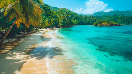 Wall Mural - Turquoise water gently lapping on the white sand beach in tropical paradise