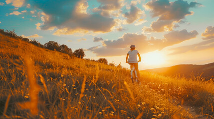 Man cycling on a path through a golden field at sunset