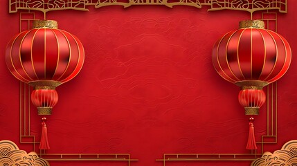 Two red Chinese lanterns with gold patterns and red tassels hanging at the top left and right corners of the image, decorative gold border with wave patterns at the top center, plain red background,