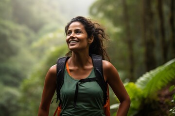 Canvas Print - Portrait of a satisfied indian woman in her 40s wearing a lightweight running vest in front of lush tropical rainforest