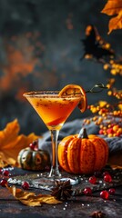 Autumn-inspired cocktail in martini glass garnished with orange slice, surrounded by pumpkins, fall leaves, and berries on dark, moody background.