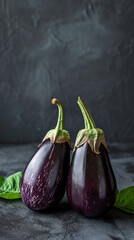 two fresh eggplants on dark background, close-up. healthy eating and vegetarian concept