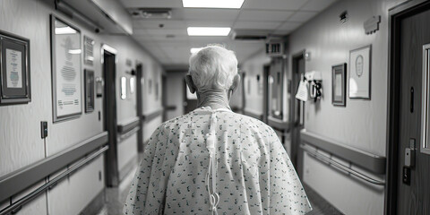 An elderly man stands in a hospital gown in an empty corridor