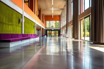 Spacious and modern hallway with purple accents and sleek design, creating a bright and inviting indoor setting with a touch of contemporary style.