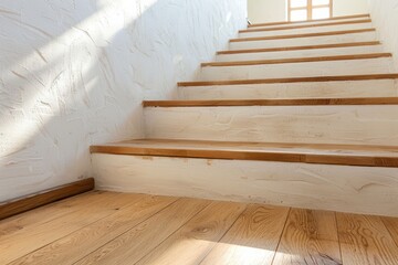 Wall Mural - Sunlight illuminating wooden staircase with white walls in modern house