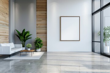 Wall Mural - Modern office lobby interior with empty frame hanging on white wall