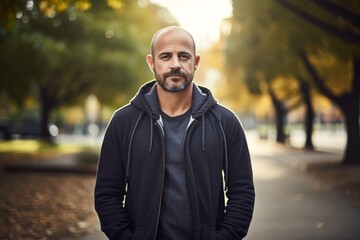 Poster - Portrait of a content man in his 40s wearing a zip-up fleece hoodie while standing against vibrant city park