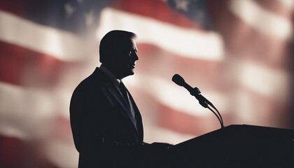 Wall Mural - silhouette of a U.S. senator speaking at a press conference in front of the flag of the United State
